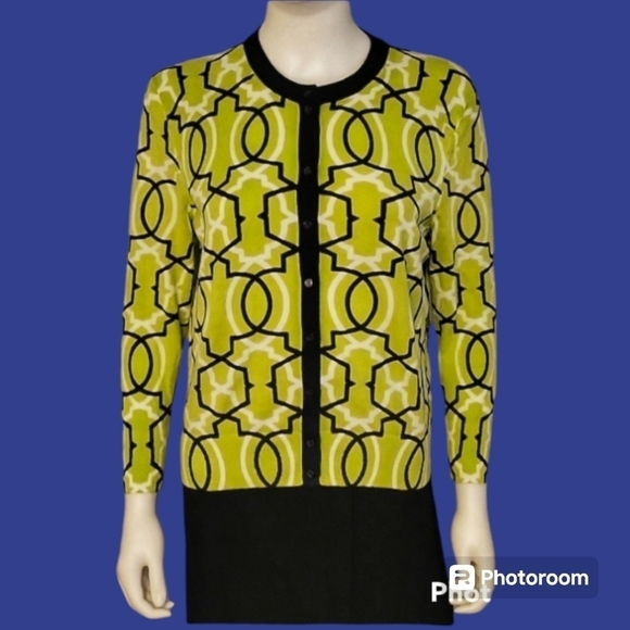 Crown & IVY Acid Green Geometric Mod Button Down Sweater - Picture 1 of 7
